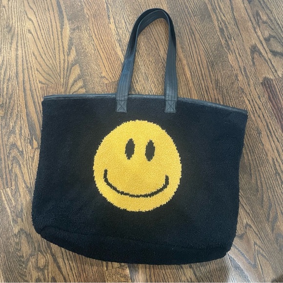COMFYLUXE Smiley Sherpa Tote Black Fuzzy Canvas Lined Smile Face Bag - Picture 1 of 11